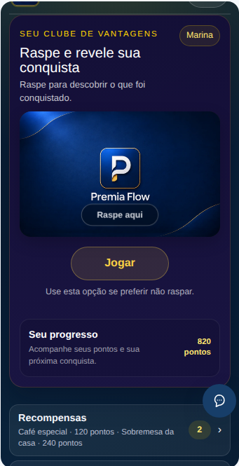 Tela da experiência do cliente no programa de fidelidade