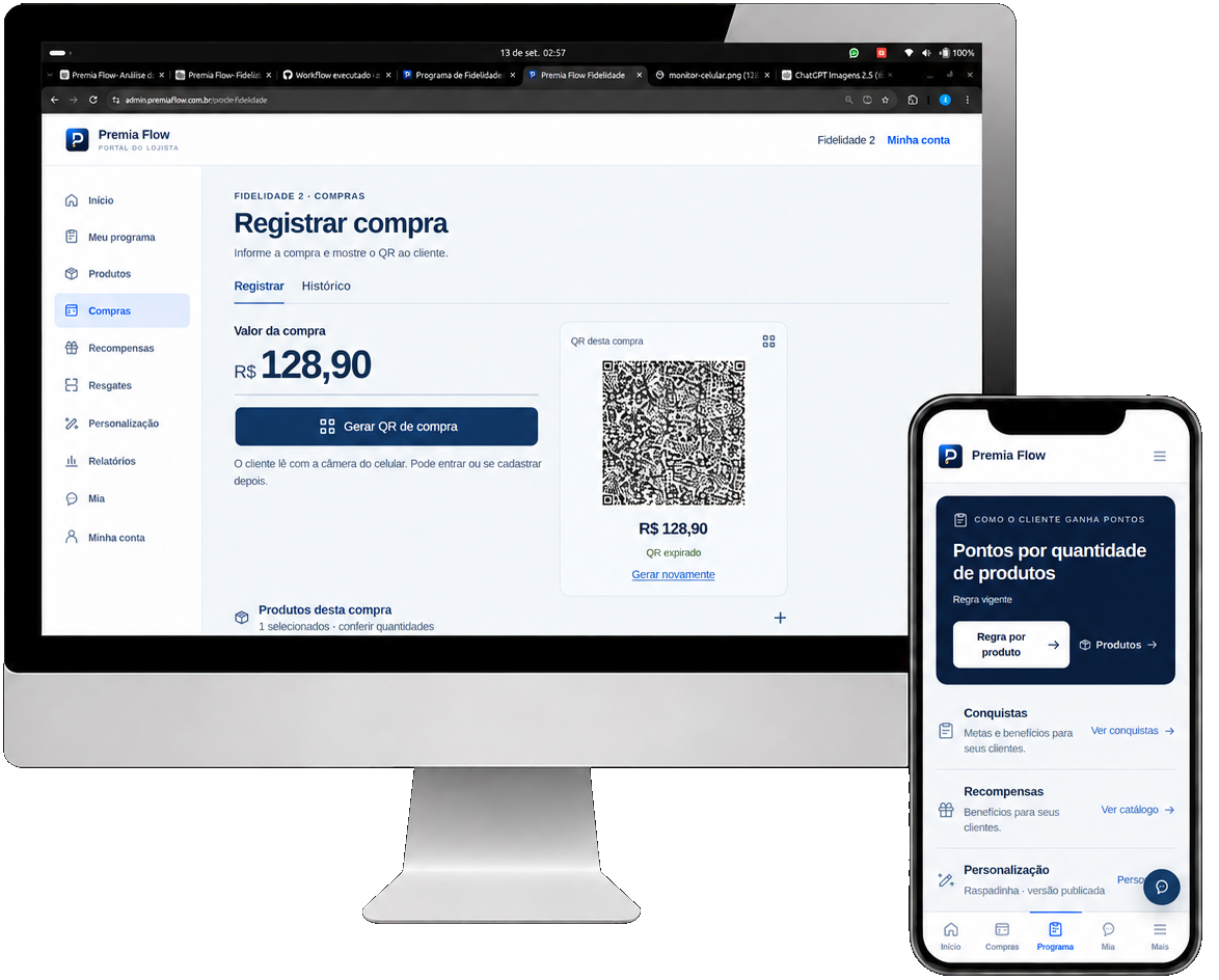Portal do Lojista da Premia Flow exibido em um monitor com a versão mobile ao lado