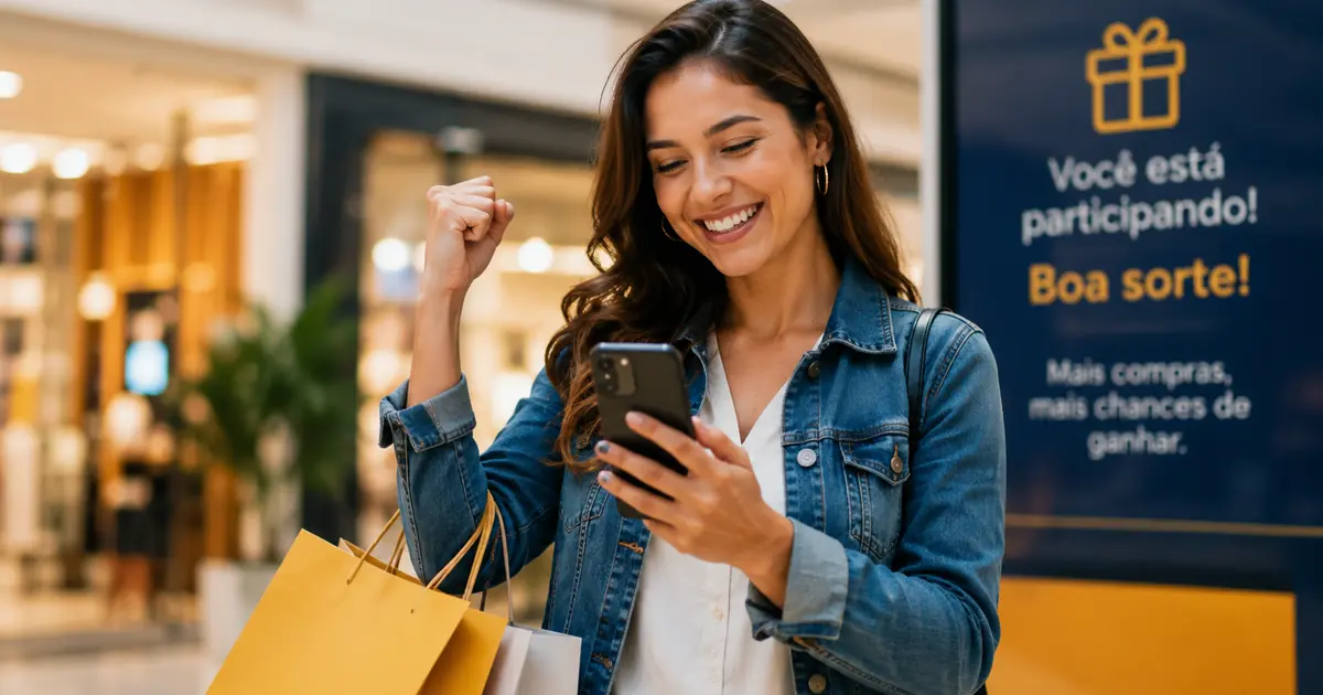 Consumidora acompanhando pelo celular sua participação em uma campanha promocional no varejo.